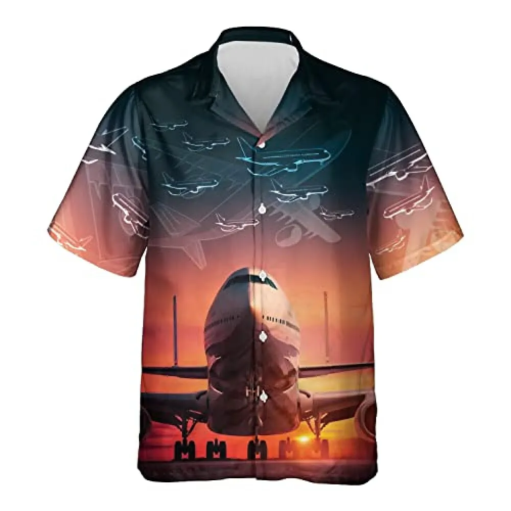 Sunset Airplane Hawaiian Shirt For Men Women,aircraft Summer Shirts, Aircraft Casual Button Down Shirts, Vacation Short Sleeve Shirts For Mens Womens