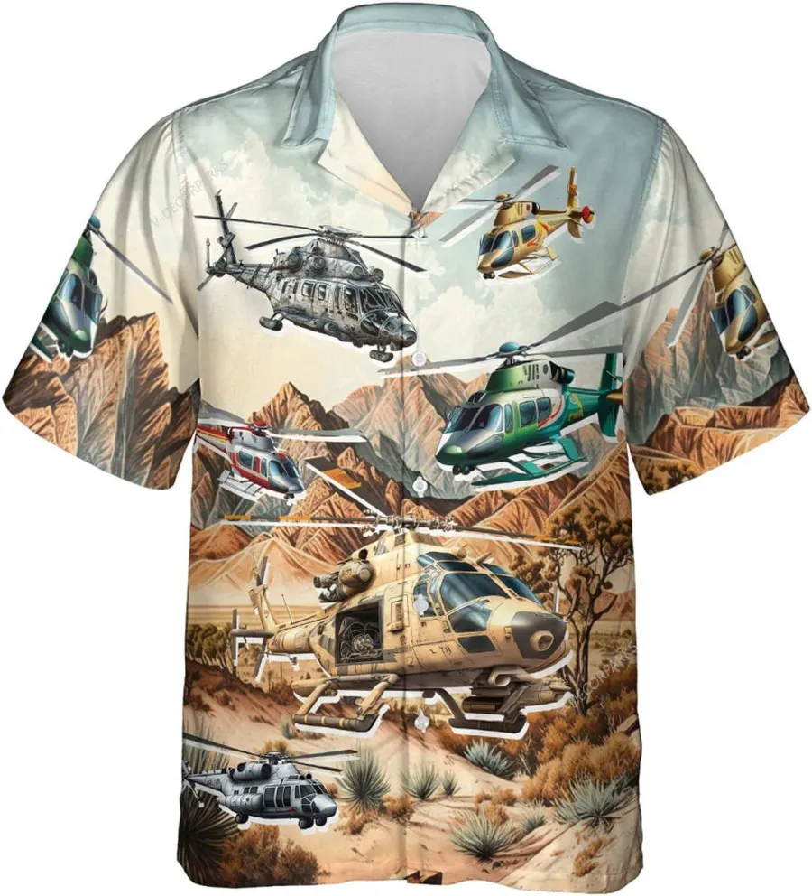 Helicopters And Desert Hawaiian Shirt For Men, Aircaft Shirt, Airplane Casual Button Down Hawaiian Shirt, Aloha Beach Shirt, Vintage Aloha Shirt