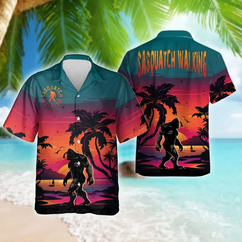 Sasquatch Walking Hawaiian Shirt For Men, Bigfoot Summer Beach Shirt, Bigfoot Hawaiian Shirt, Sunset Beach Button Down Shirt Short Sleeve, Aloha Shirt