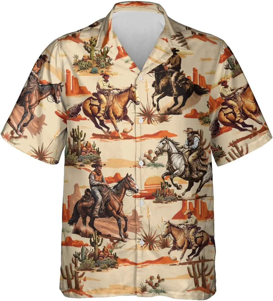 Horse Racing Desert Hawaiian Shirt For Men, Reodeo Desesert And Cactus Aloha Shirt, Casual Button Down Shirt, Hawaiian Style Shirt