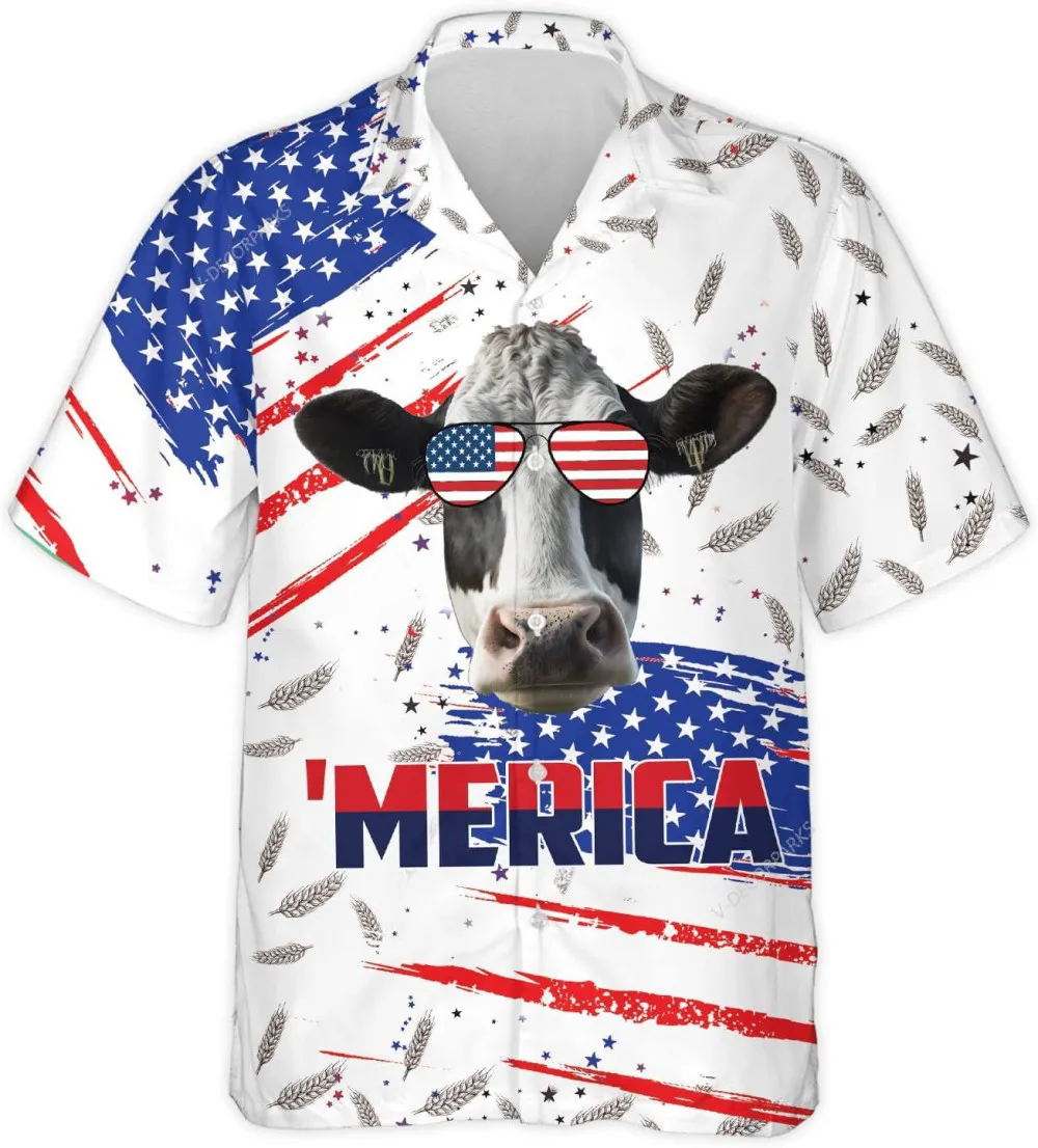 America Holstein Friesian Hawaiian Shirt For Men Women, Patriotic Shirt, Independence Day Shirt, Vintage Hawaii Beach Shirt, Casual Button Down Shirt