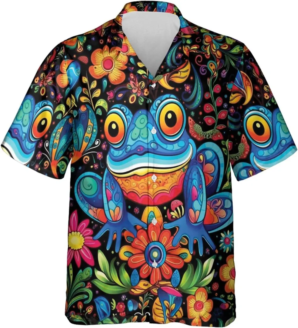 Funny Frog Hawaiian Shirt For Men Women, Colorful Tropical Flower Shirt, Frog Summer Beach Shirt, Tropical Mens Casual Button Down Shirt Short Sleeve