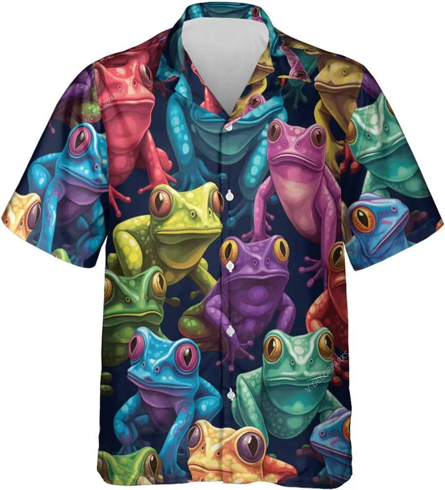 Colorful Frog Family Hawaiian Shirt For Men, Frog Button Down Short Sleeve Hawaiian Shirt, Casual Printed Beach Summer Shirt, Aloha Beach Shirt