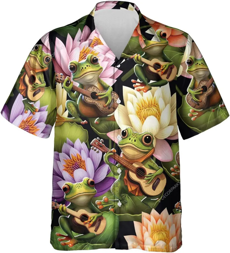 Lotus Flower And Frog Playing Guitar Hawaiian Shirt For Men, Frog Hawaiian Casual Button Down Shirt, Frog Aloha Shirt, Vintage Hawaii Beach Shirt