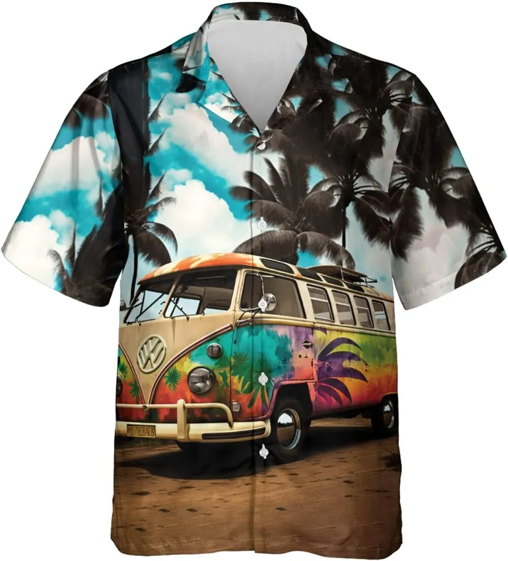 Hippie Bus Hawaiian Shirt For Men, Camping Hawaiian Shirt, Aloha Shirts, Tropical Beach Shirts, Outdoor Trip Casual Button Down Shirt Short Sleeve