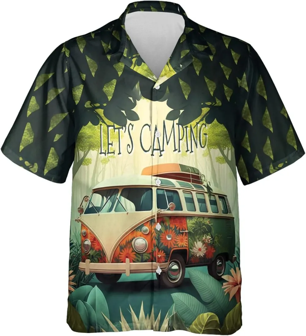Bus Hippie Hawaiian Shirt For Men, Hippie Summer Beach Shirts, Camping Tropical Forest Hawaiian Shirts, Trip Casual Button Down Shirt Short Sleeve