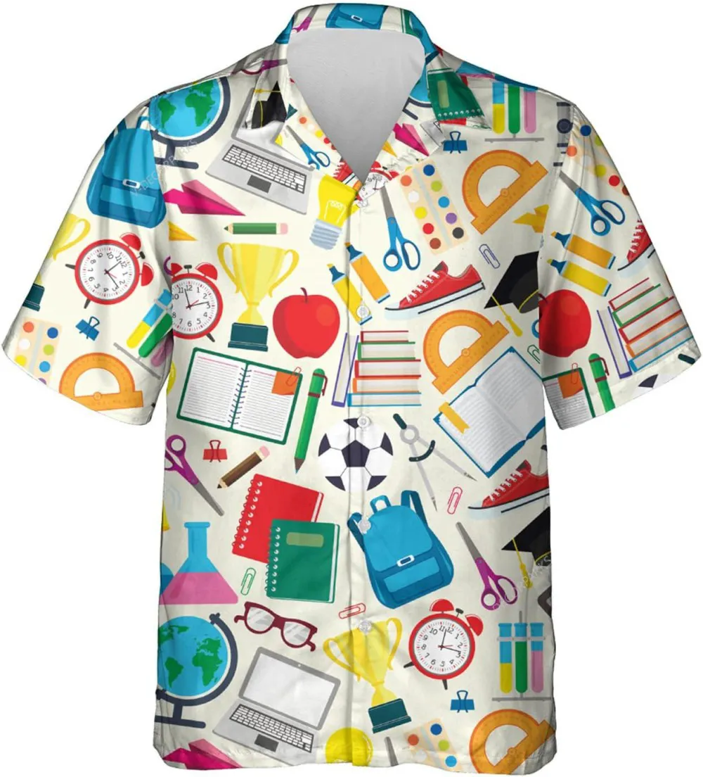 School Stuffs Hawaiian Shirt For Men Women, Back To School Shirt, Casual Button Down Shirt, Button Vintage Aloha Hawaii Shirt, Summer Aloha Shirt