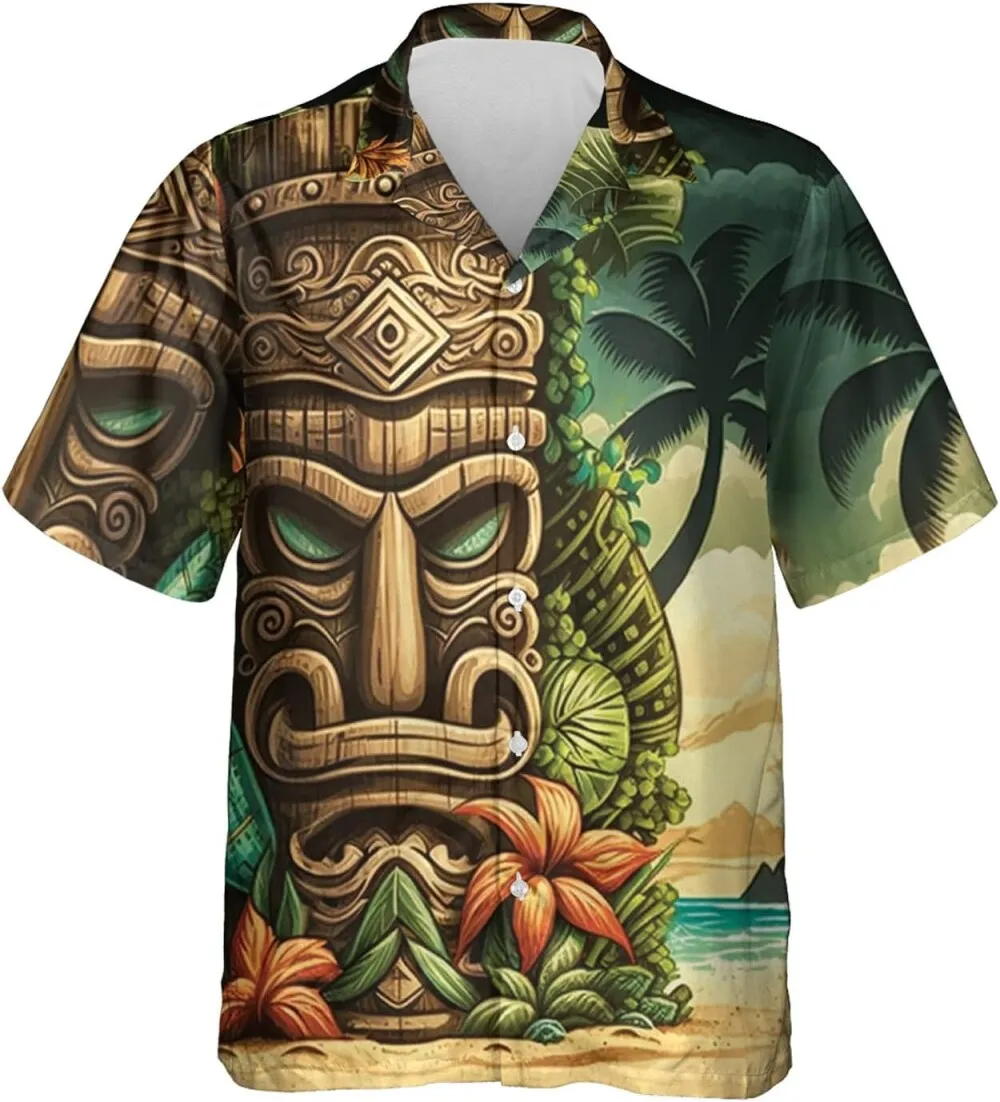 Wooden Tiki Mask Hawaiian Shirt For Men, Funky Aloha Tiki Hawaiian Shirts, Tiki Mask Palm Tree Shirts, Summer Casual Button Down Shirt Short Sleeve