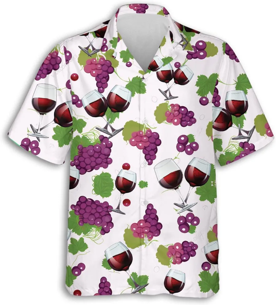 Wine Glass And Grapes Hawaiian Shirt For Men Women, Grape Wine Button Down Hawaiian Shirt Short Sleeve, Wine Lovers Gift, Aloha Vibes Beach Shirt