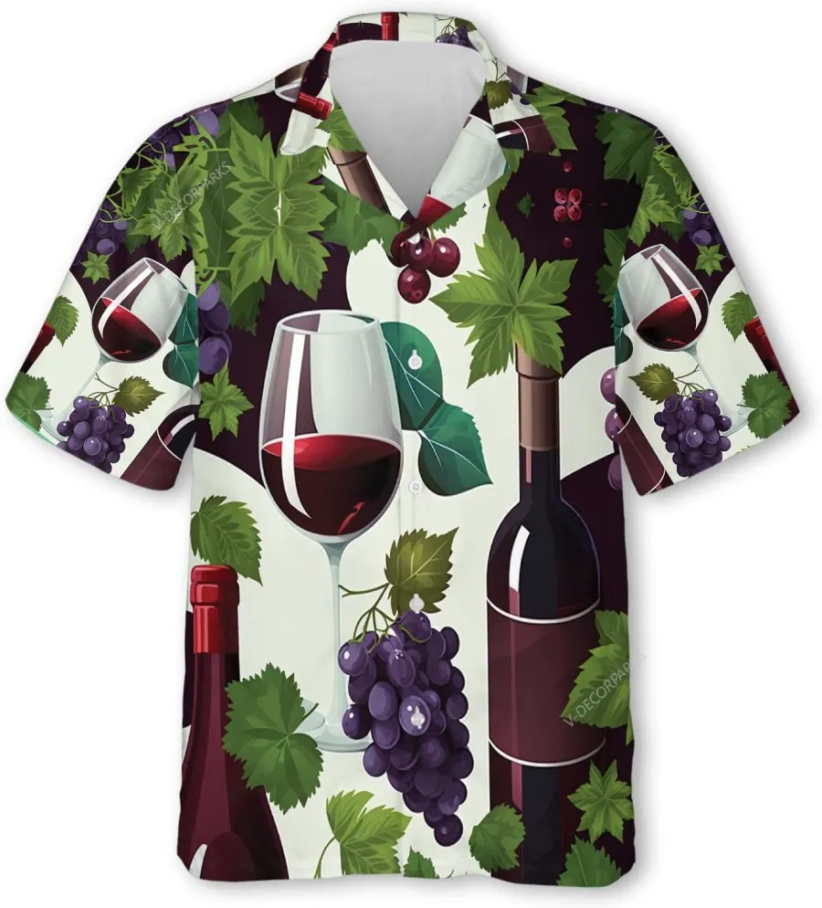 Grape Wine Button Down Hawaiian Shirt For Men, Champagne And Grapes Casual Printed Beach Shirt, Aloha Summer Shirt, Hawaiian Style Shirt