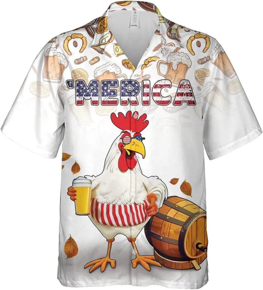 American Patriotic Chicken With Beer Hawaiian Shirts For Men, Chicken Button Down Hawaiian Shirt Short Sleeve, Patriotic Shirt, Hawaiian Aloha Shirt
