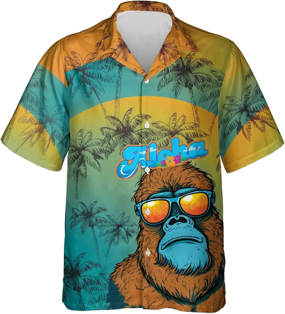 Bigfoot Hawaiian Shirts For Men, Bigfoot Button Down Short Sleeve Shirts, Sasquatch Shirt, Casual Printed Aloha Summer Shirts, Summer Beach Shirts