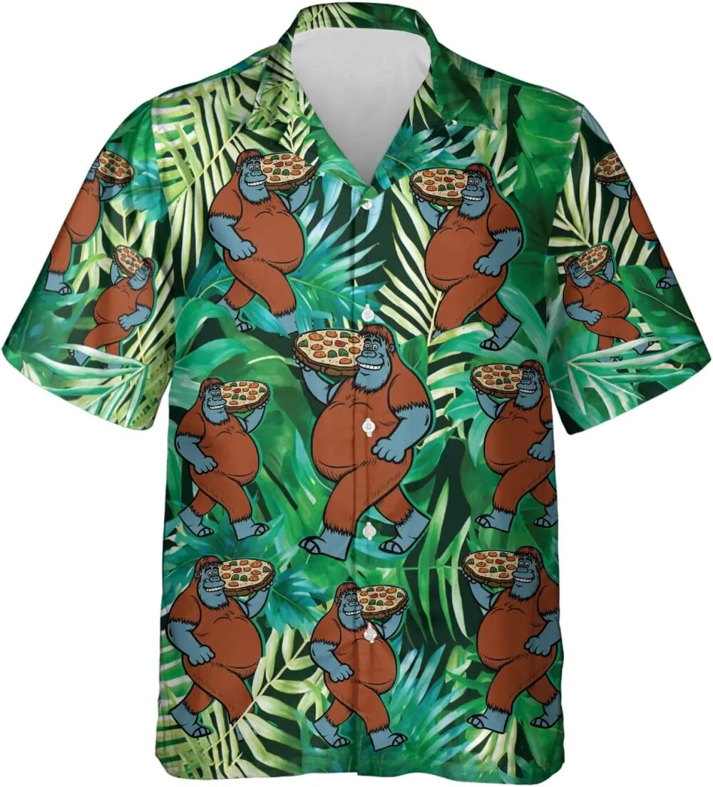 V-decorparks Pizza Bigfoot Hawaiian Shirts, Sasquatch Summer Beach Shirts, Tropical Leaves Pattern Pizza Bigfoot Casual Button Down Sleeve Short Shirt