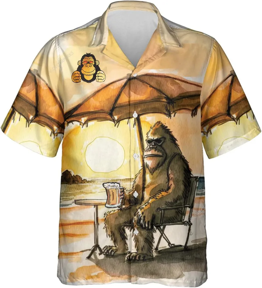Bigfoot Drinking Beer Beach Sunset Hawaiian Shirt, Vintage Hawaii Beach Shirt, Summer Vacation Hawaiian Shirt, Aloha Beach Shirt, Bigfoot Shirt