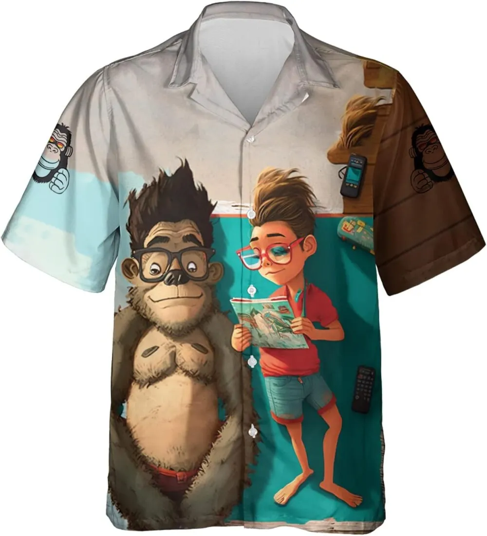 Funny Bigfoot Mens Hawaiian Shirt, Girl Reading Book Hawaiian Shirts, Sasquatch Shirts, Humans Friend Casual Button Down Short Sleeve Hawaiian Shirt