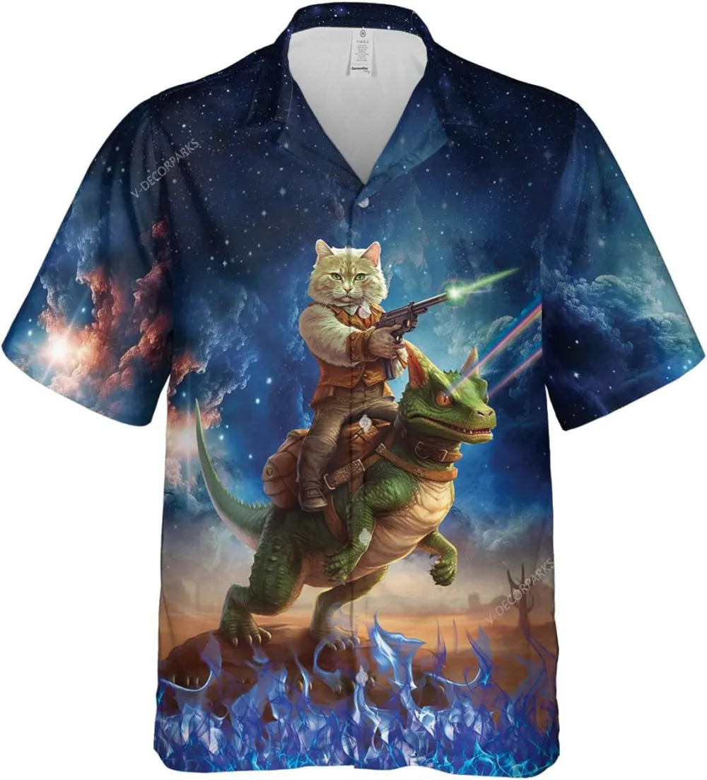Funny Cat Riding Dinosaur Hawaiian Shirts For Men Women, Cat And Dinosaur Casual Button Down Hawaian Shirt, Summer Beach Shirt, Hawaiian Style Shirt
