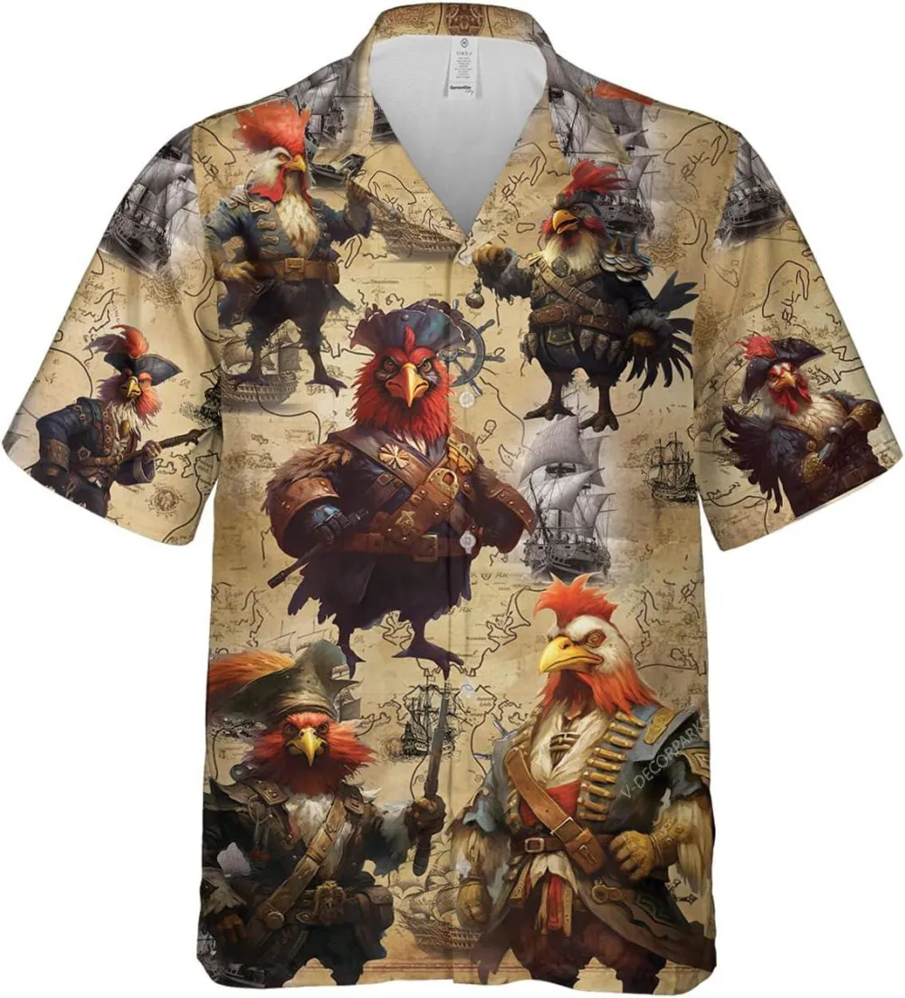 Vintage Pirate Chicken Hawaiian Shirts For Men, Button Vintage Aloha Hawaii Shirt, Casual Printed Beach Summer Shirt, Hawaiian Aloha Shirt