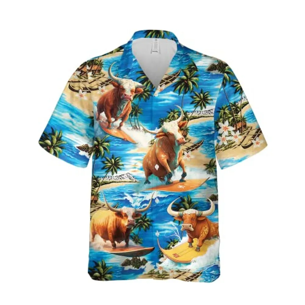 Tx Longhorn Hawaiian Shirts For Men, Summer Beach Animal Hawaiian Shirts, Funny Cow Surfing Mens Casual Button Down Short Sleeve Shirts , Aloha Shirts