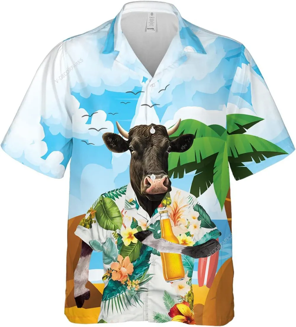 Black Angus With Beer Hawaiian Shirts For Men, Funny Cow Button Down Mens Hawaiian Shirts, Tropical Beach Shirt, Summer Aloha Shirt