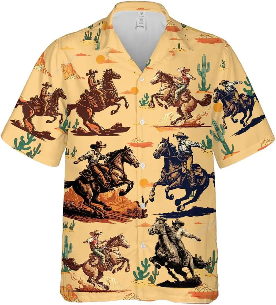 Vintage Rodeo Cowboy And Desert Hawaiian Shirts For Men, Western Cowboy Casual Button Down Summer Beach Shirt, Cowboy Hawaiian Style Shirt