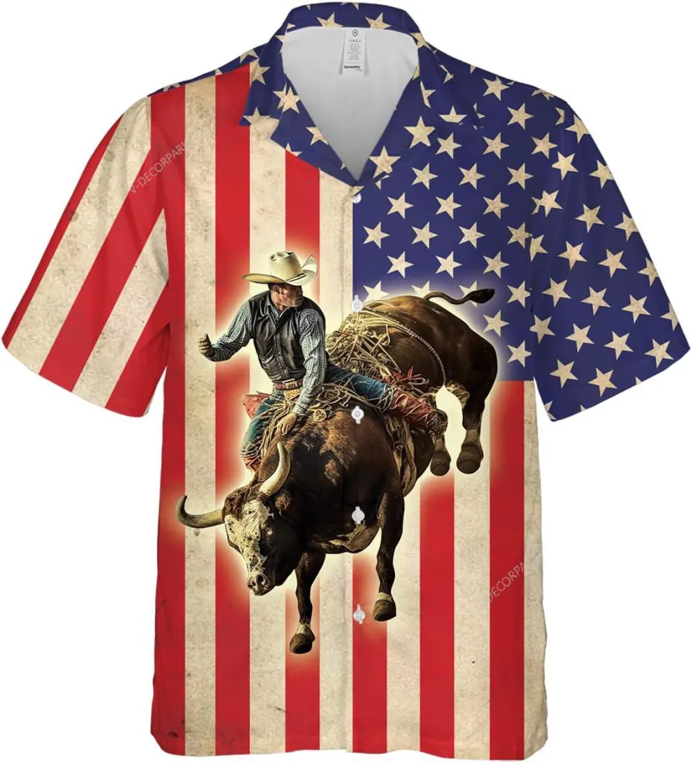 American Flag Bull Riding Hawaiian Shirts For Men, Western Cowboy Casual Button Down Summer Beach Shirt, American Flag Shirt, Short Sleeve Aloha Shirt