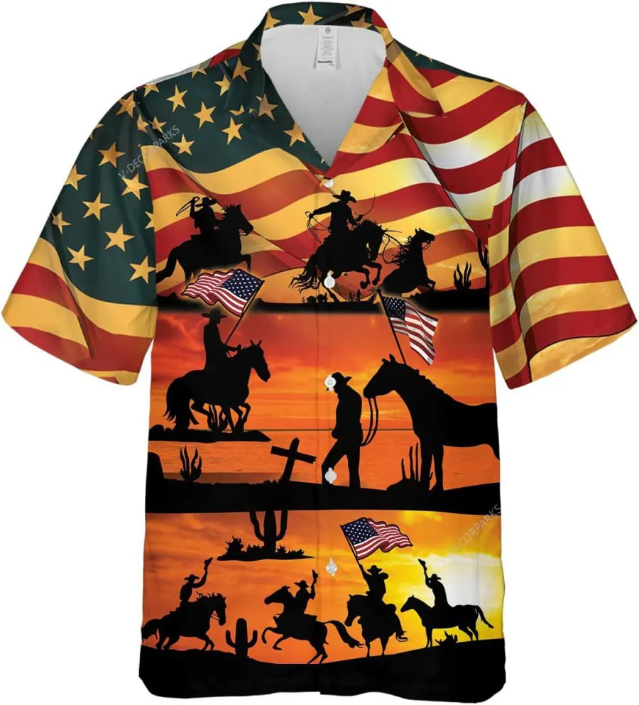 American Cowboy Hawaiian Shirts For Men, Patriot Flag Casual Button Down Summer Beach Shirt, Cowboy Aloha Shirt, Gift For Him, Western Cowboy Shirt