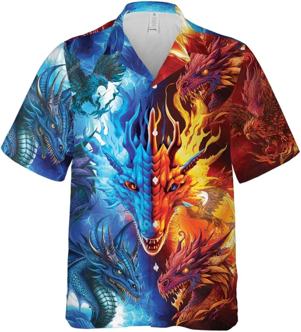 Fire Iced Dragon Hawaiian Shirts For Men, Mythical Creatures Button Down Short Sleeve Shirts, Dragon Hawaiian Aloha Shirt, Summer Men Hawaiian Shirt