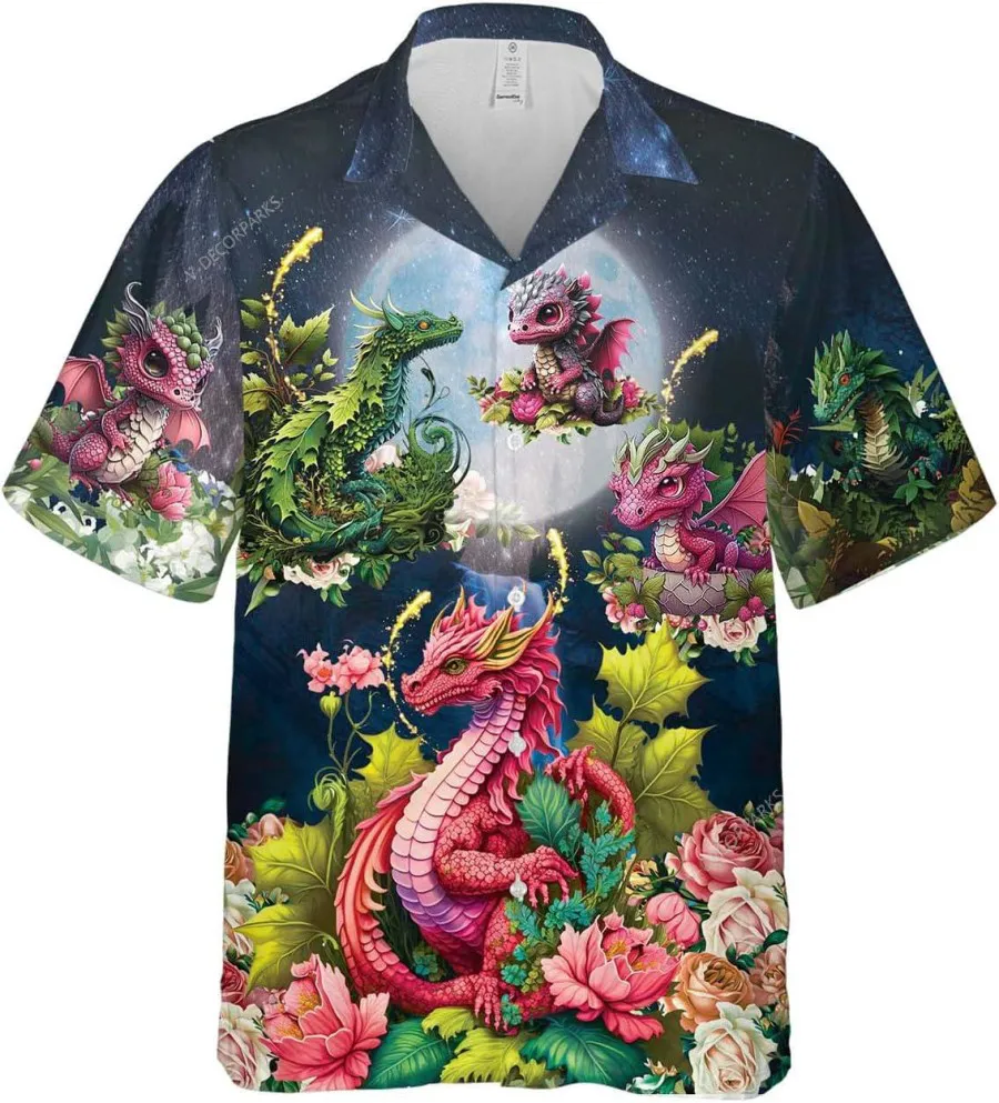 Dragon And Flowers Hawaiian Shirt For Men Women, Mythical Creature Button Down Short Sleeve Shirts, Summer Vacation Hawaiian Shirt, Aloha Beach Shirt