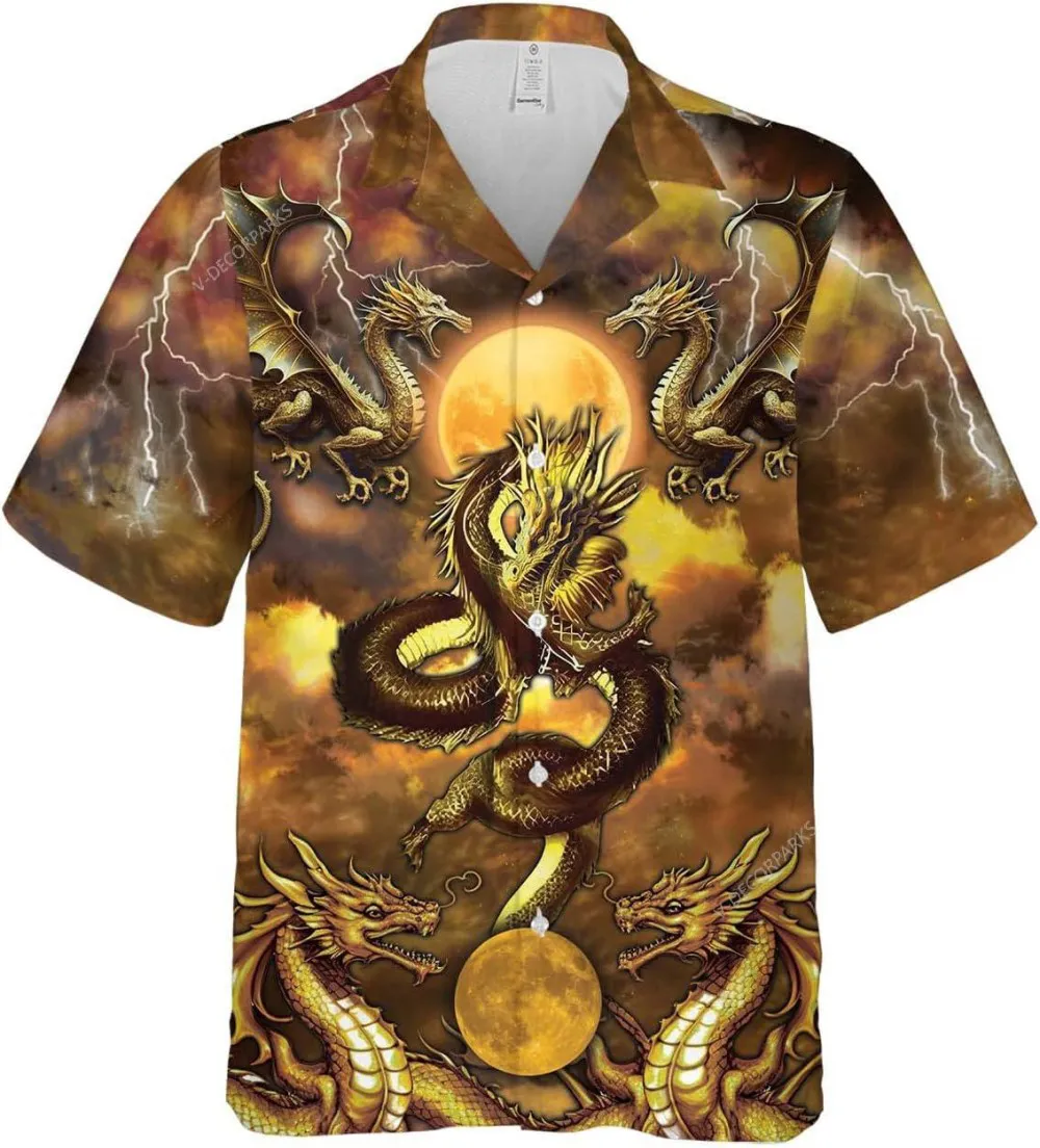 Asian Golden Dragon And The Moon Hawaiian Shirt For Men, Dragon Short Sleeve Button Down Hawaiian Shirt, Aloha Beach Shirt, Summer Shirt, Gift For Him