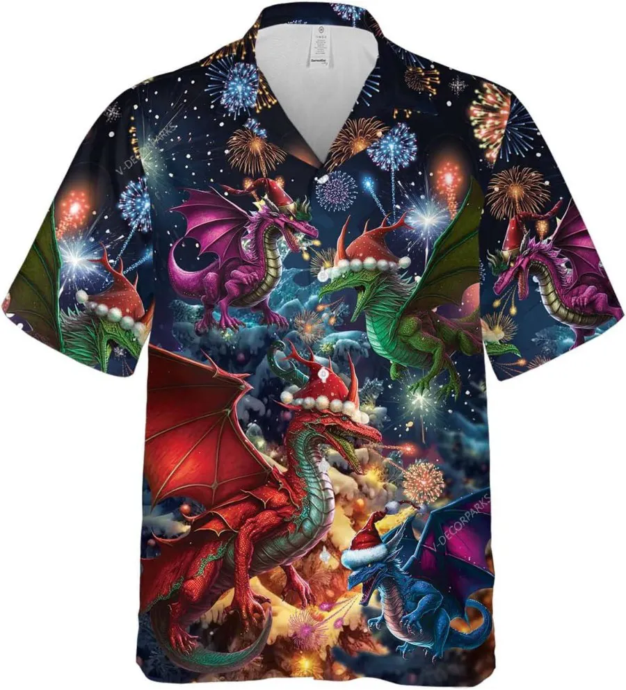 Xmas Dragon And Firework Hawaiian Shirts For Men, Christmas Night Hawaiian Casual Button Down Shirt, Christmas Gift, Dragon Aloha Shirt, Beach Shirt
