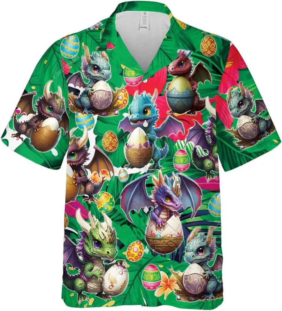 Easter Dragon Tropical Pattern Hawaiian Shirts For Men, Dragon Tropical Beach Shirt, Easter Day Shirt, Family Hawaiian Beach Shirt, Aloha Shirt