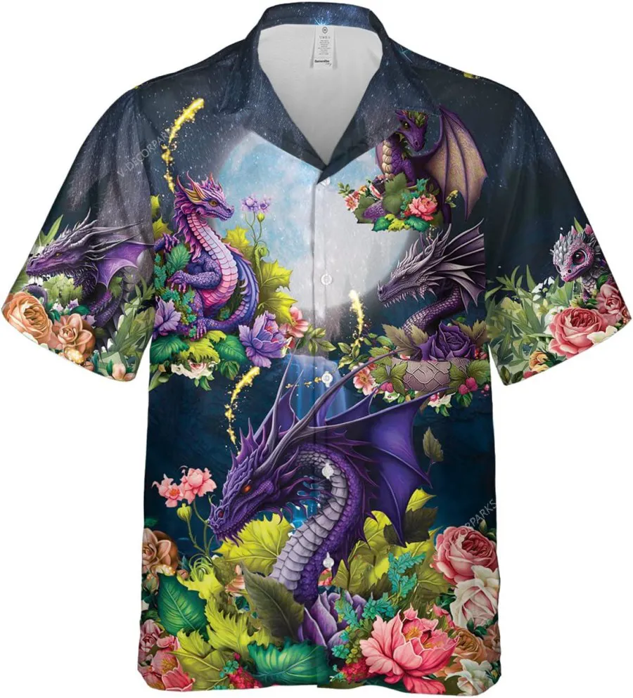 Purple Dragon And Flower Hawaiian Shirt For Men, Mythical Creature Casual Button Down Aloha Shirt, Dragon Hawaiian Style Shirt, Vintage Beach Shirt