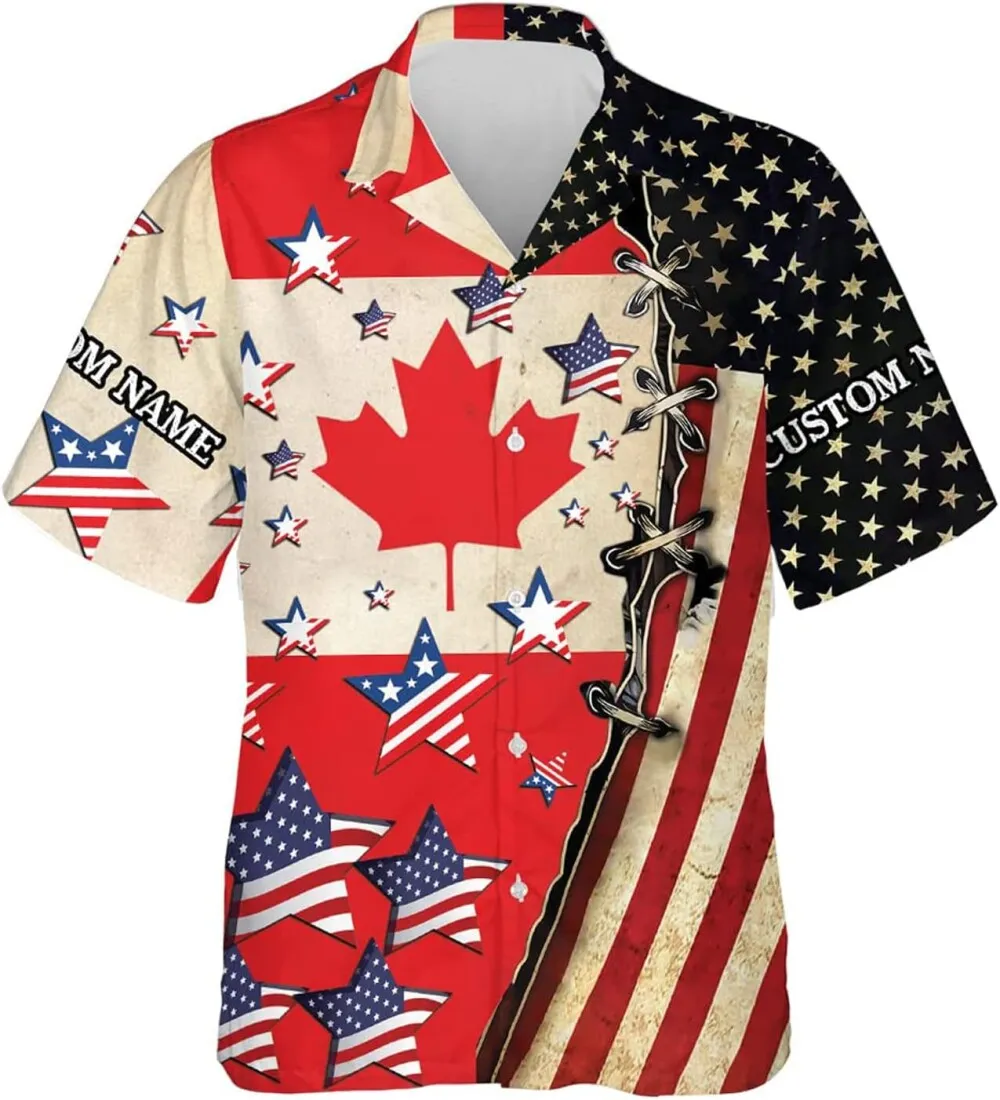 Canada Usa Flag Custom Name Hawaiian Shirts, Canada Maple Leaves Hawaiian Shirts, Patriotic Mens Casual Button Down Short Sleeve Summer Beach Shirt S