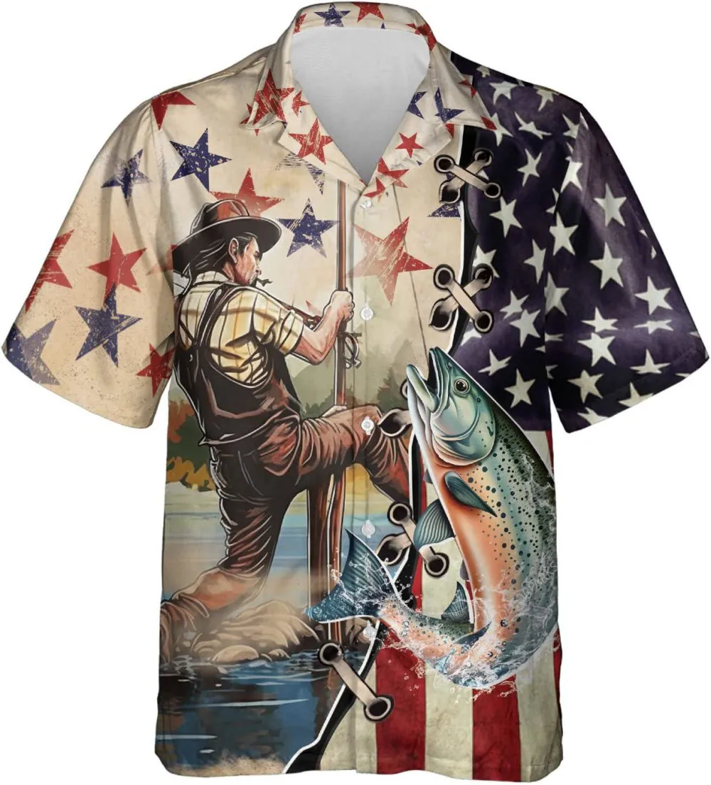 Vintage American Flag Salmon Fishing Hawaiian Shirt For Men, American Flag Button Down Shirt, Fishing Button Vintage Aloha Hawaii Shirt