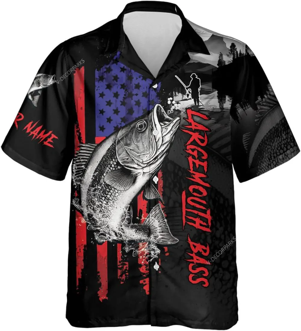Personalized American Largemouth Bass Fishing Hawaiian Shirts For Men, Fishing Button Down Hawaiian Shirt, Custom Fisherman Name, Fishing Lovers Gift