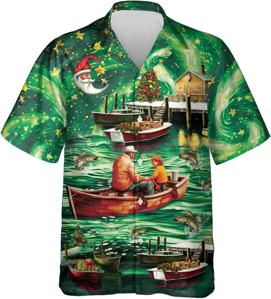 Christmas Night Fishing With Grandpa And Granddaughter Hawaiian Shirt, Fishing Button Down Shirt, Grandpa Gift, Hawaiian Aloha Shirt