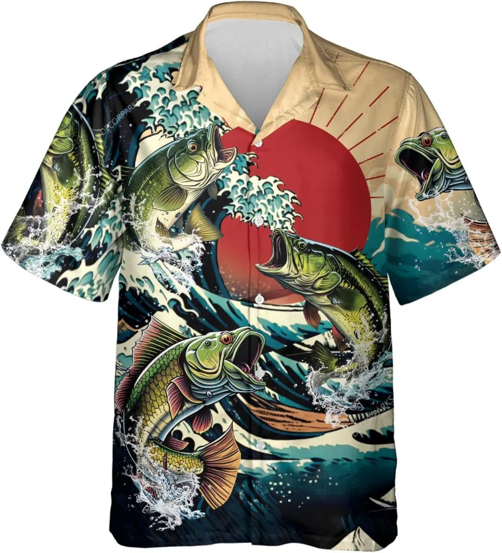 Bass Fishing With Waves And Sunset Hawaiian Shirts For Men, Fishing Lovers Mens Casual Button Down Short Sleeve Shirts, Aloha Beach Shirt