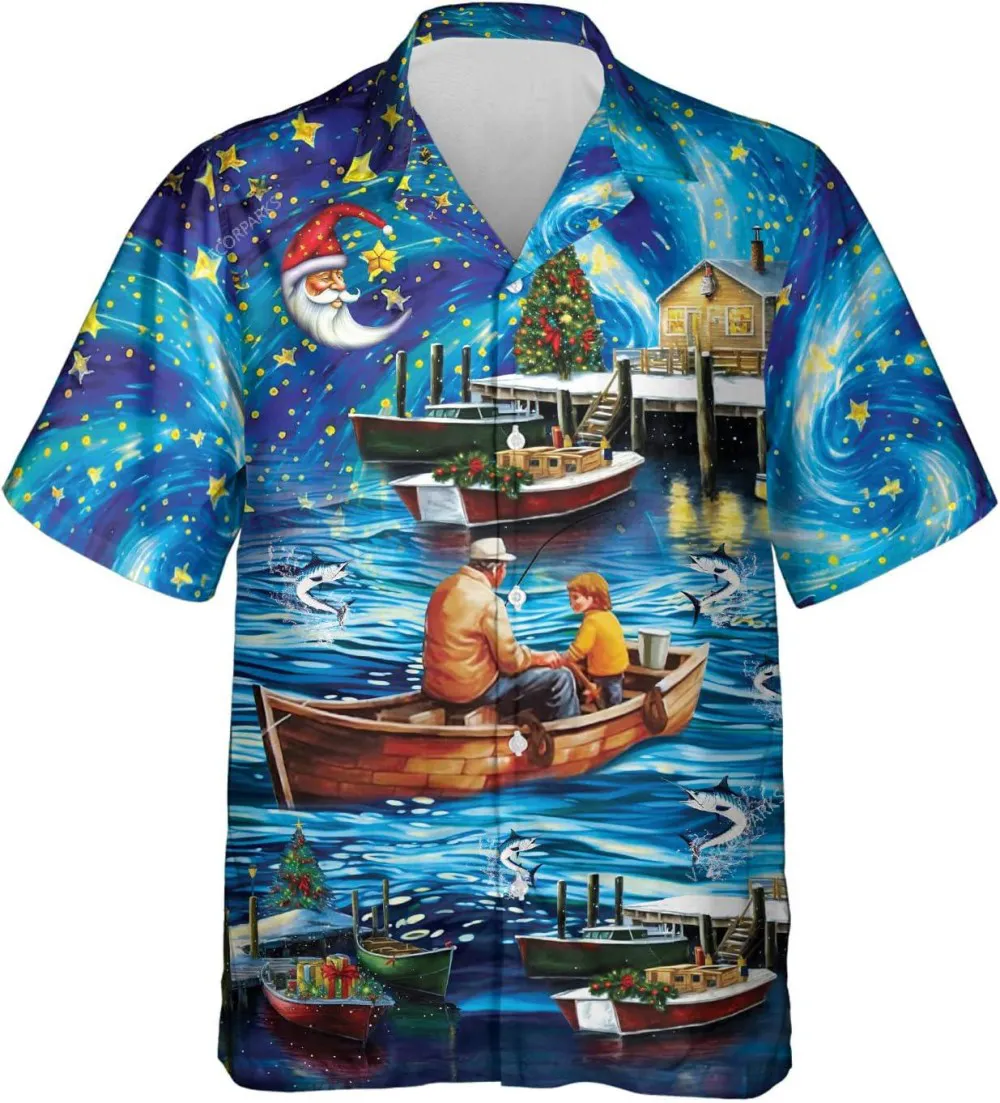 Fishing With Grandpa At Christmas Night Hawaiian Shirts, Fishing Hawaiian Style Shirt, Casual Printed Button Down Shirt, Gift For Grandpa