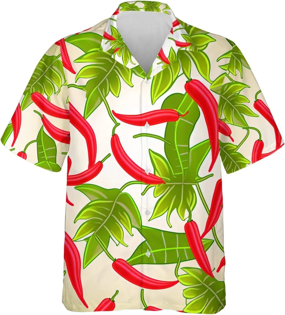 V-decorparks Chili Hawaiian Shirt For Men, Tropical Leaves Pattern Casual Button Down Unisex Luau Shirt, Hawaiian Shirt Short Sleeve For Men Women