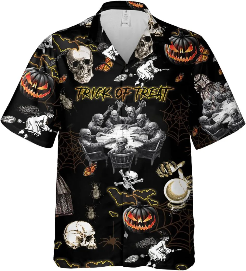 Zombies And Skull Trick Or Treat Hawaiian Shirts For Men Women, Halloween Button Down Shirts, Halloween Shirt, Hawaiian Style Shirts