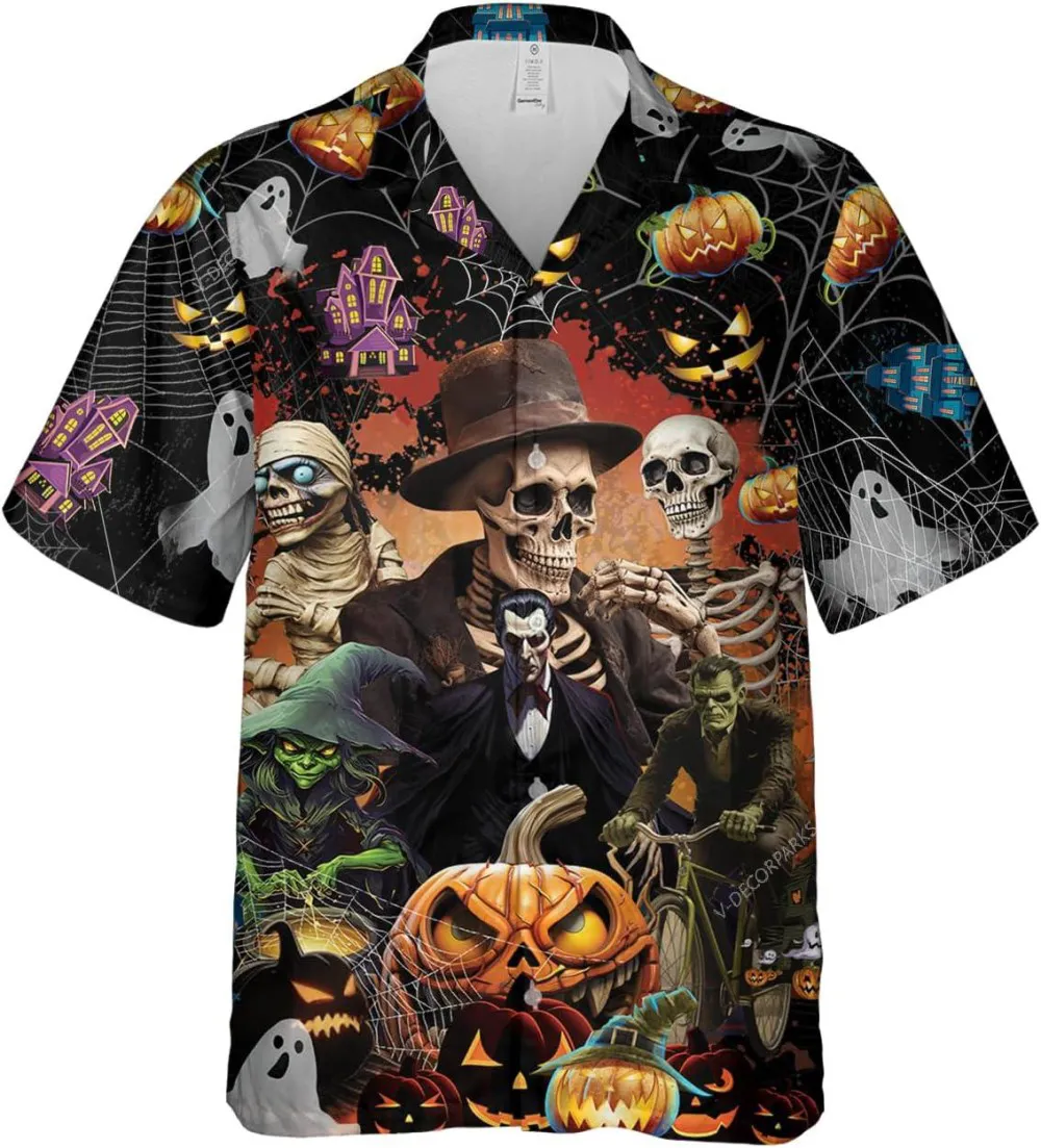 Halloween Mummy Frankenstein Ghost And Vampire Hawaiian Shirts, Halloween Shirt, Halloween Button Down Short Sleeve Shirt, Hawaiian Style Shirt
