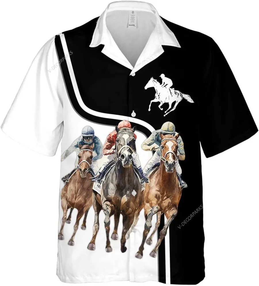 Horse Racing Button Down Hawaiian Shirts For Men, Horse Jockey Short Sleeve Shirt, Summer Aloha Shirt, Hawaiian Style Shirt, Horse Racers Gift