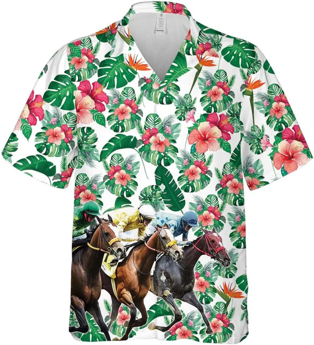 Horse Jockey Tropical Pattern Hawaiian Shirts For Men, Horse Racing And Hibiscus Flower Hawaiian Aloha Shirt, Summer Beach Shirt, Horse Shirt