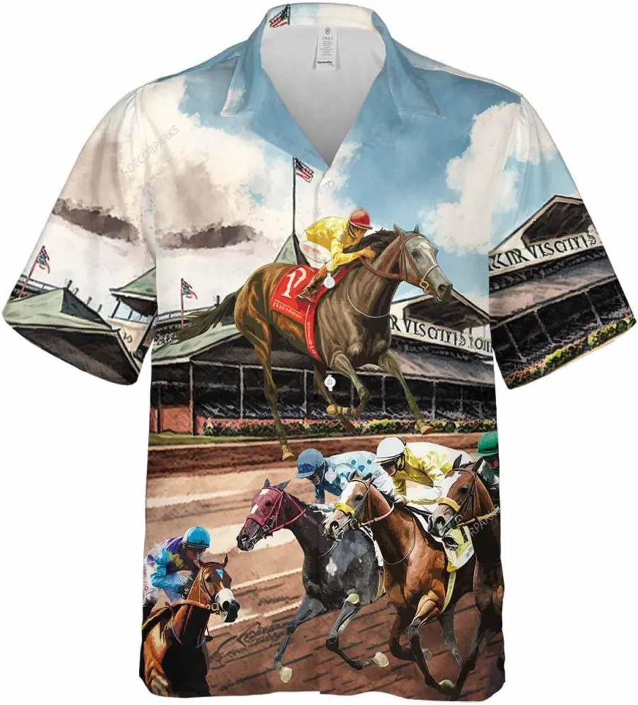 Horse Racing Button Down Hawaiian Shirt For Men, Horse Racer Summer Beach Shirt, Horse Jockey Hawaiian Style Shirt, Button Vintage Aloha Hawaii Shirt