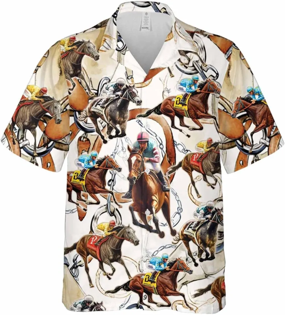 Horse Racers Hawaiian Shirts For Men, Horse Summer Shirts, Love Horse Racing Casual Button Down Short Sleeve Hawaiian Shirts, Gift For Horse Racers