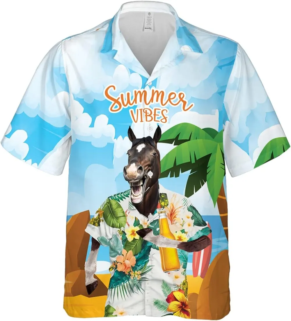 Funny Horse Hawaiian Shirts For Men, Tropical Horse Summer Beach Shirt, Aloha Hawaii Shirt, Summer Vibes Short-sleeve Mens Casual Button-down Shirts
