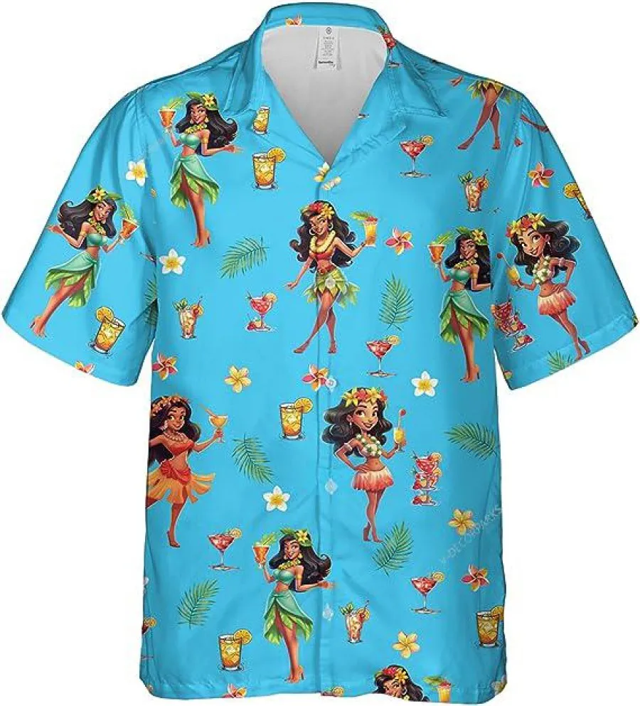 Hula Girl And Cocktails Hawaiian Aloha Shirts For Men Women, Casual Button Down Tropical Beach Shirt, Family Aloha Shirts, Summer Men Hawaiian Shirt