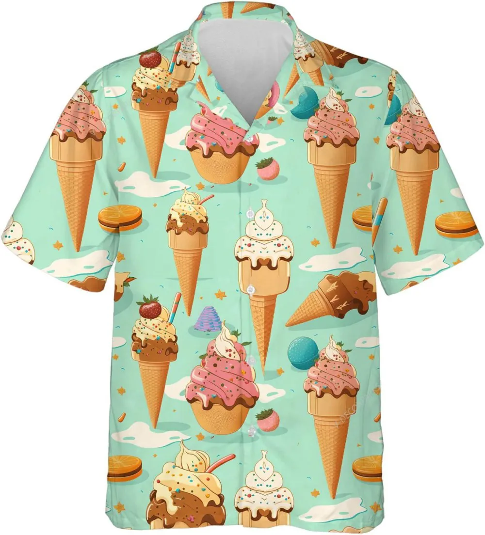 Strawberry Ice Cream Hawaiian Shirt For Men Women, Summer Aloha Summer Button Down Beach Shirt, Family Aloha Shirt, Hawaiian Style Shirts