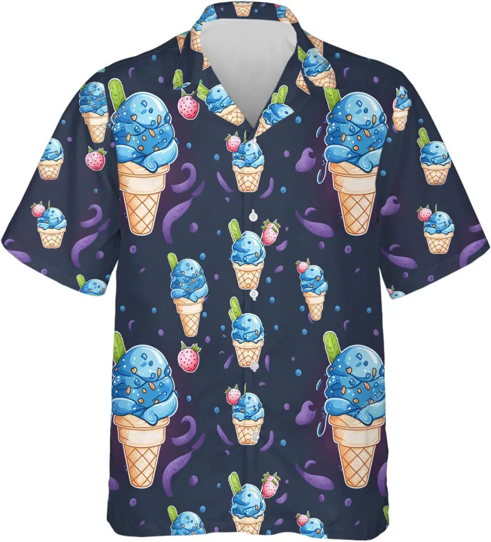 Blueberry Ice Cream Hawaiian Shirt For Men Women, Ice Cream Casual Button Down Shirt, Sweet Foot Short Sleeve Shirt, Summer Beach Shirt, Aloha Shirt