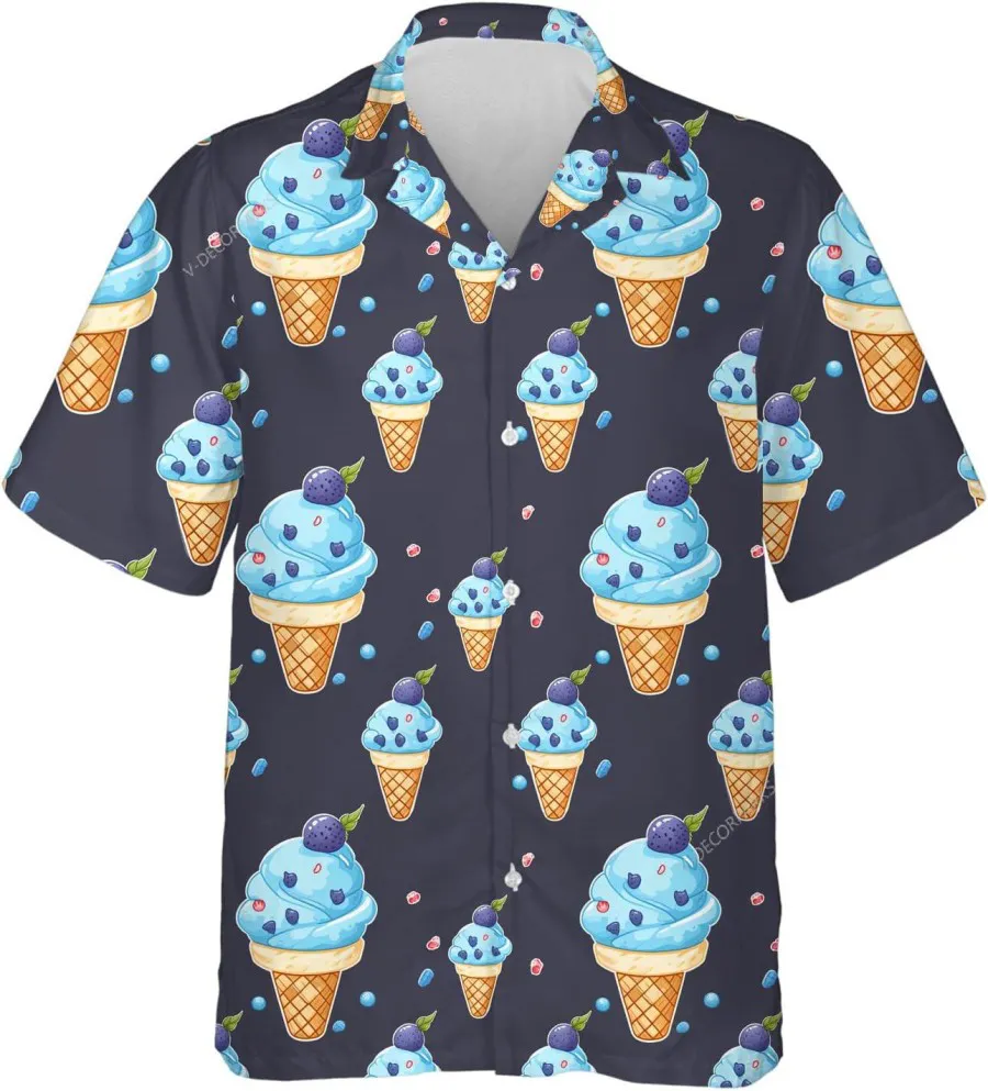 Blueberry Ice Cream Hawaiian Shirt For Men Women, Summer Casual Button Down Hawaiian Shirt, Ice Cream Aloha Beach Shirt, Hawaiian Style Shirt